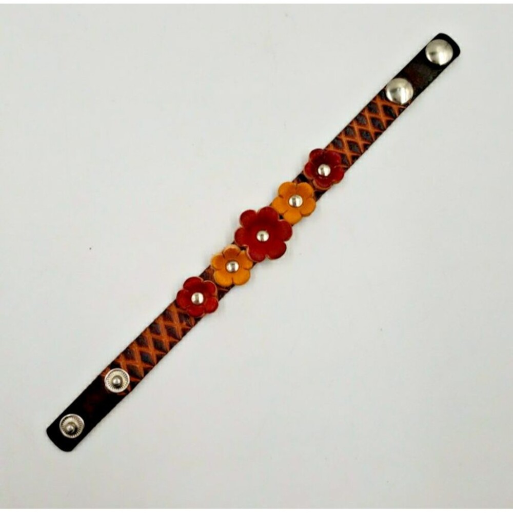 Handmade Floral Leather Cuff Bracelet Adjustable Rustic Boho Prairie Cottagecore - Picture 5 of 16